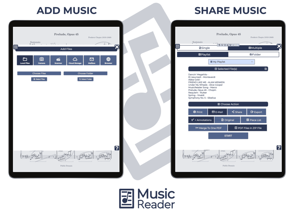 Features MusicReader digital music stand software display sheet